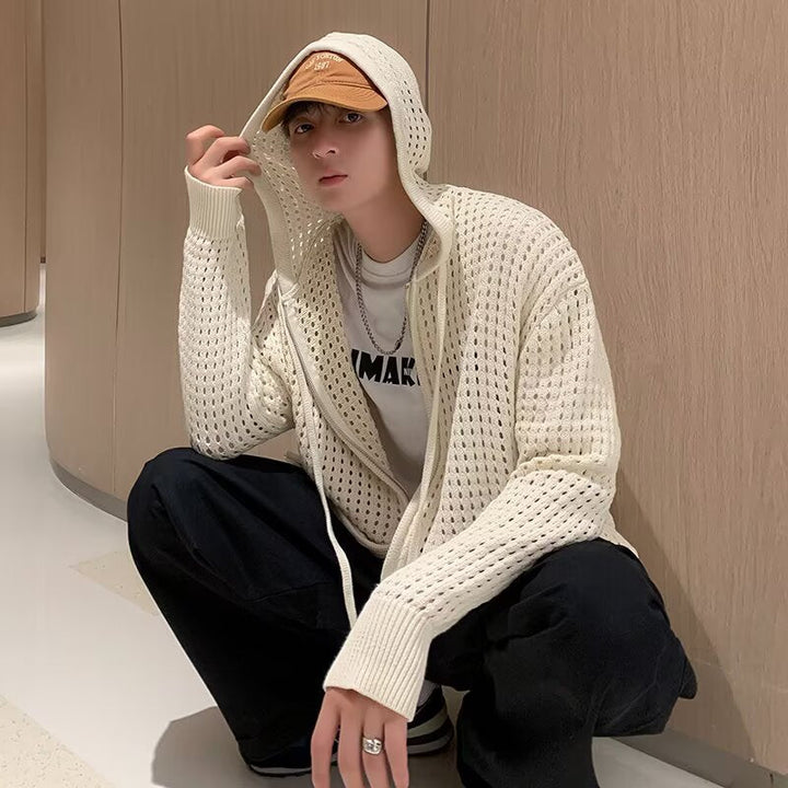 Mens Hollow-out Knit Cardigan With A Designer Touch