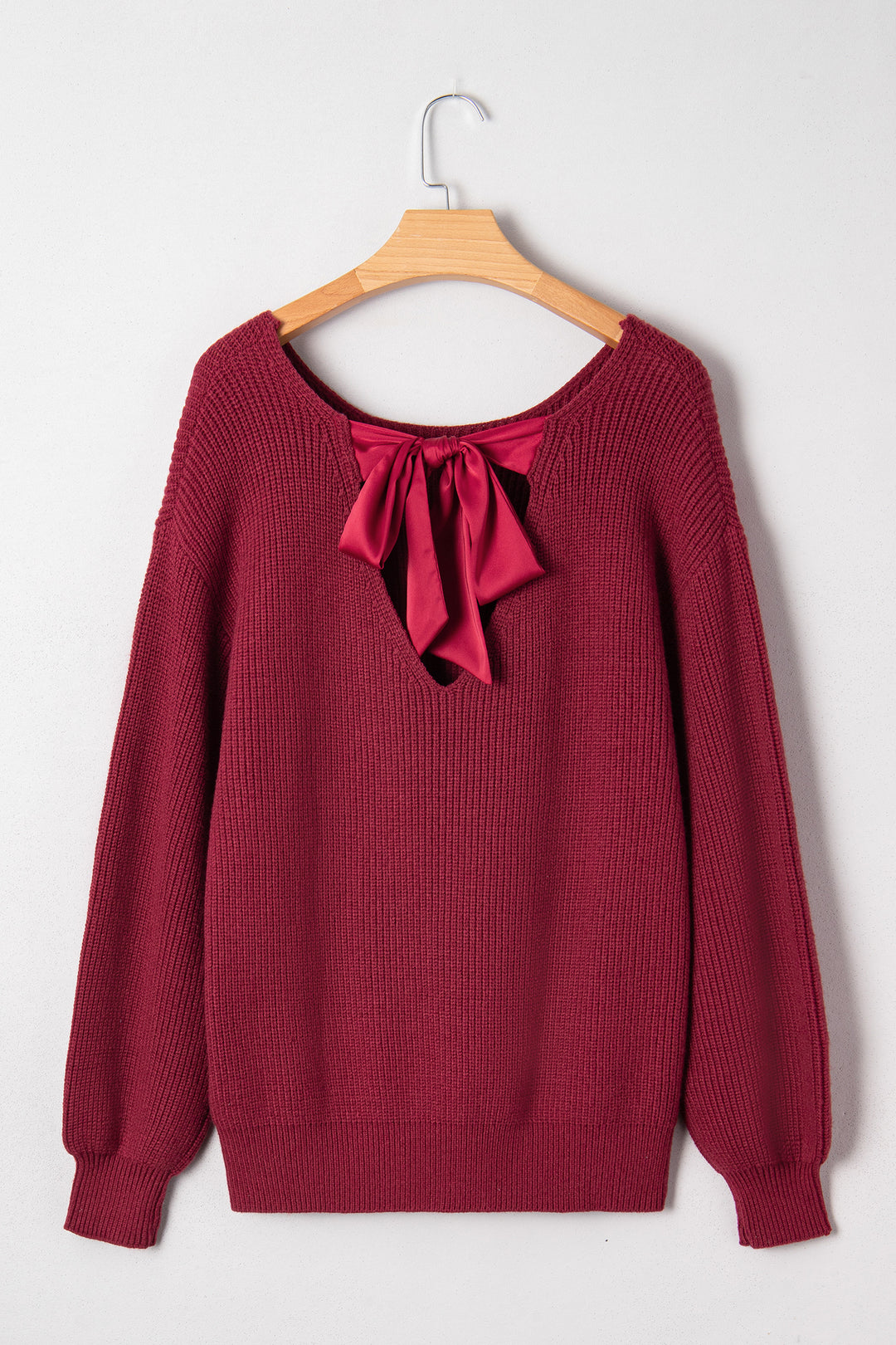 Red Dahlia Ribbed Knit Ribbon Knot Backless Drop Shoulder Sweater