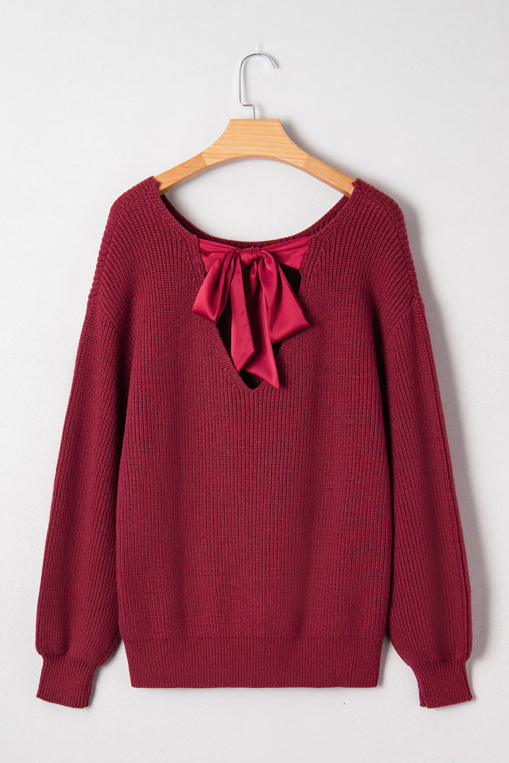 Red Dahlia Ribbed Knit Ribbon Knot Backless Drop Shoulder Sweater
