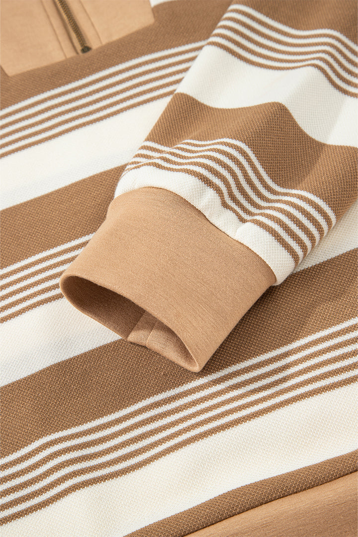 Khaki Stripe Zip Collar Patchwork Vintage Fashion Sweatshirt