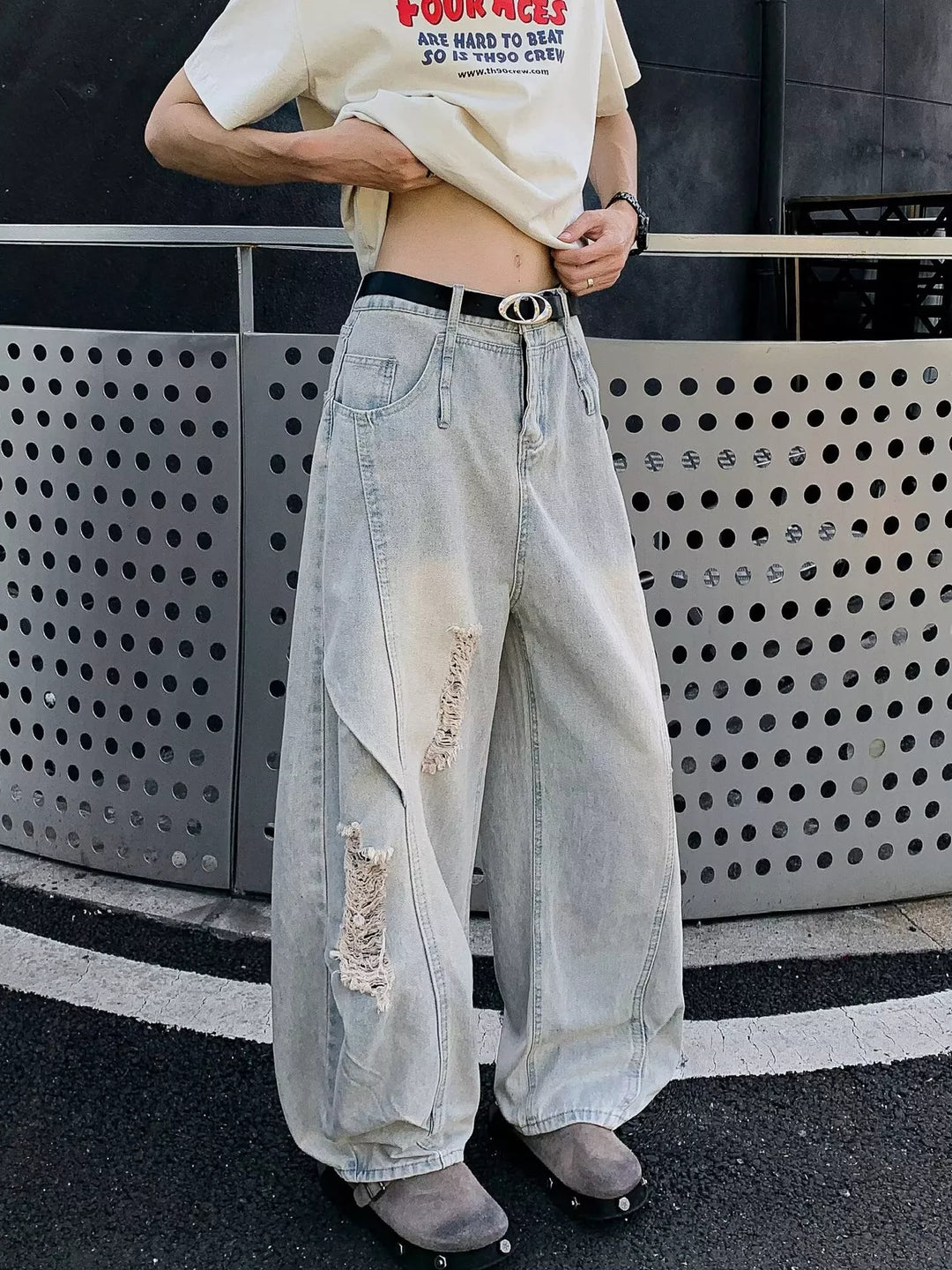 Men's Full Size Distressed Wide Leg Jeans Plus Size
