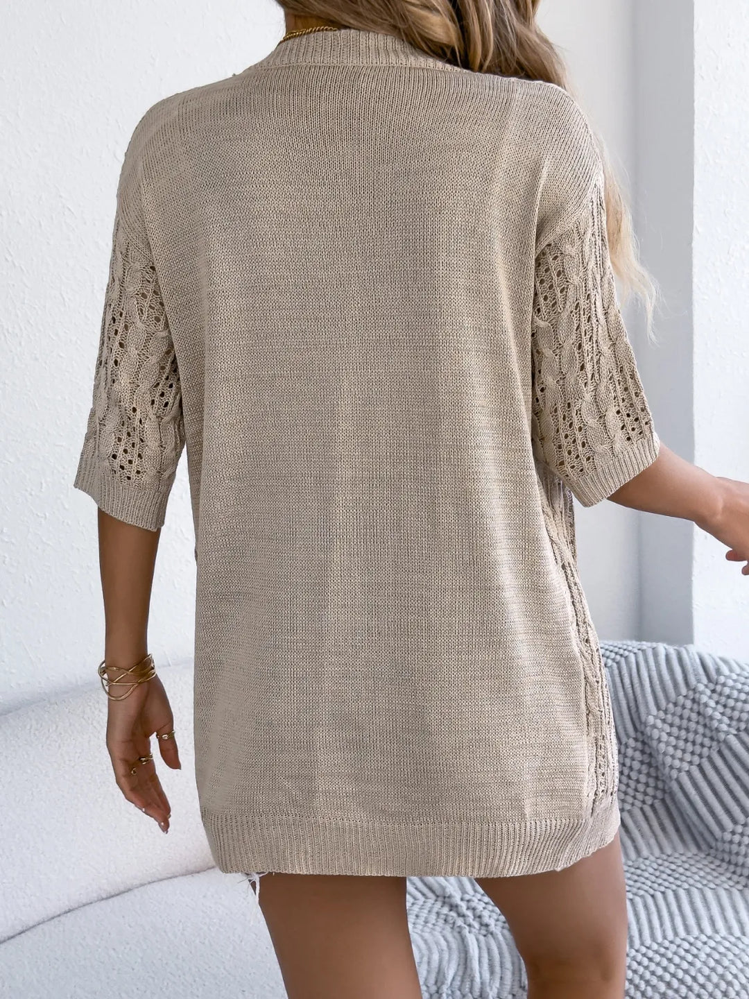 Openwork Open Front Half Sleeve Cardigan
