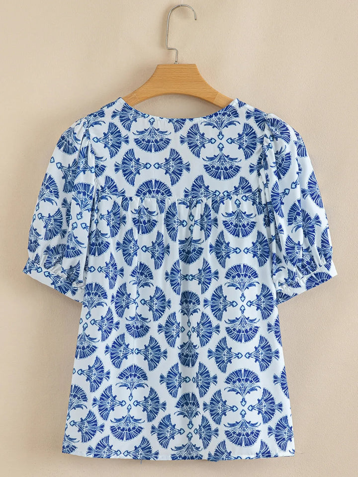 Printed Tassel Tie Neck Blouse