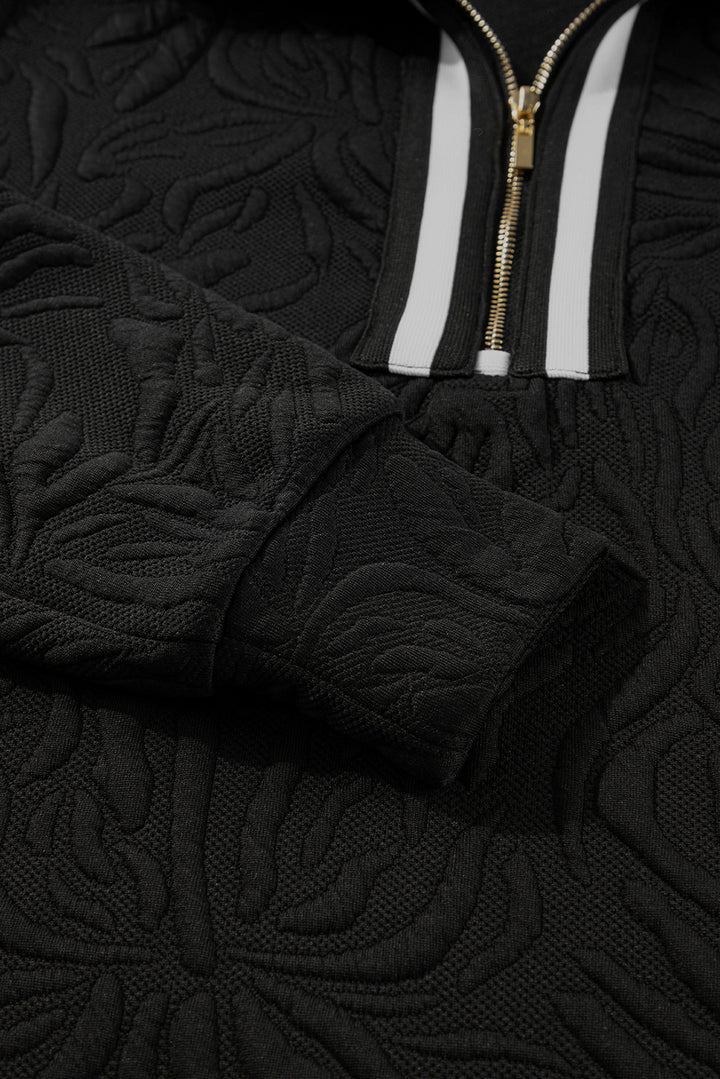 Black Jacquard Textured Quarter Zipper Shift Mini Dress