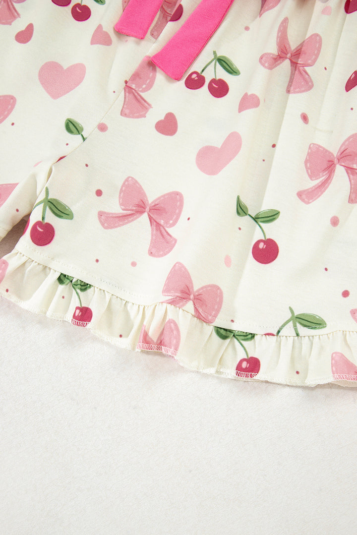Beige Bow Fruit Print Contrast Pipping Short Pajamas Set