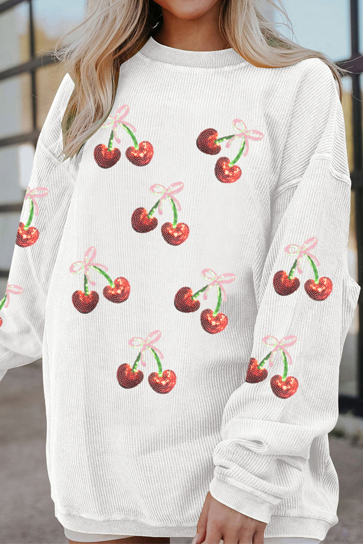 White Corded Ribbed Sequin Cherry Bow Patched Drop Shoulder Sweatshirt