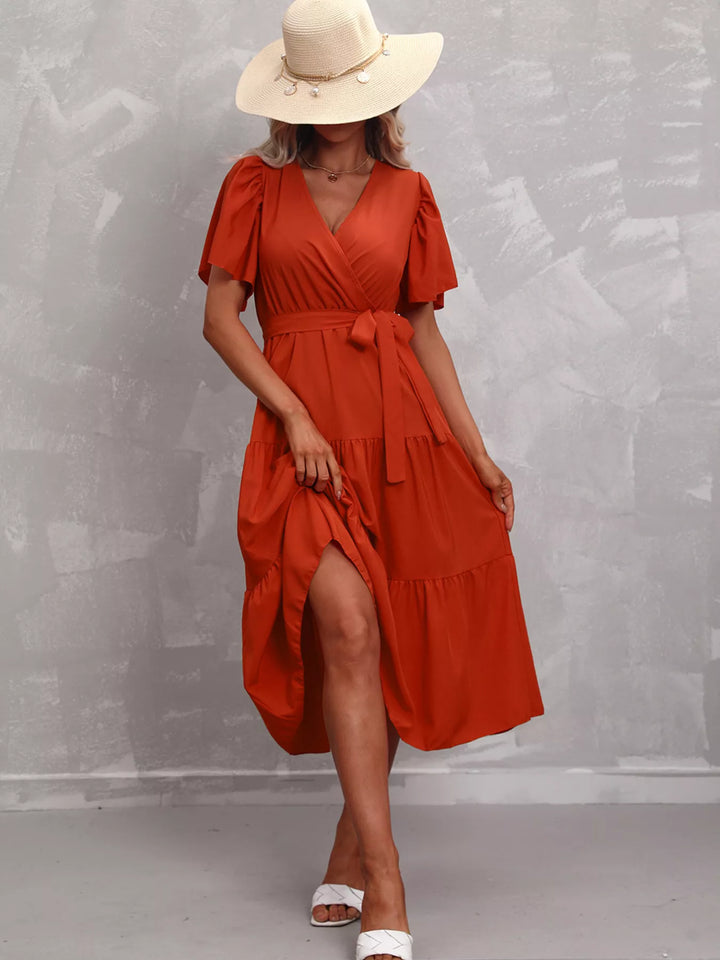 Flutter Sleeve Tiered Midi Dress