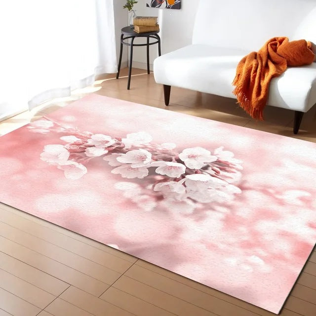 Pastel Cherry Blossom And Crescent Moon Non-Slip Flannel Floor Mat Home Rug Decoration
