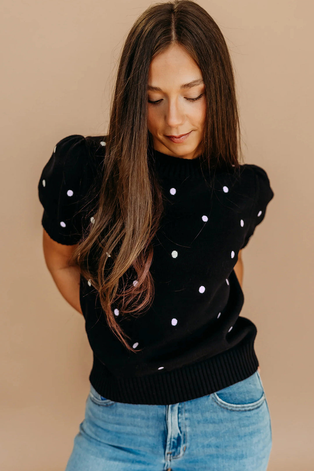 Black Elegant Polka Dot Bubble Short Sleeve Sweater