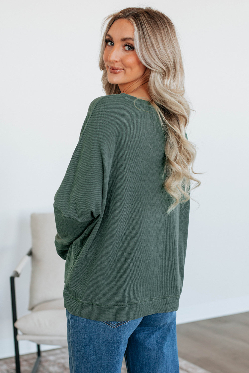 Mist Green Waffle Knit Patchwork Long Sleeve Loose Top