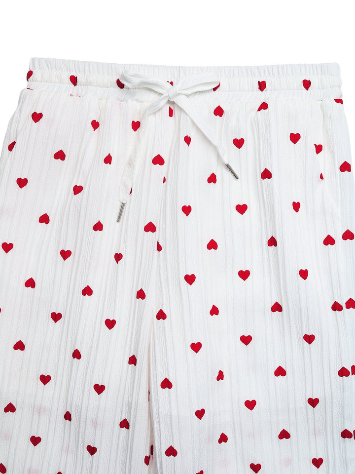 Heart Print Drawstring Waist Wide Leg Pants