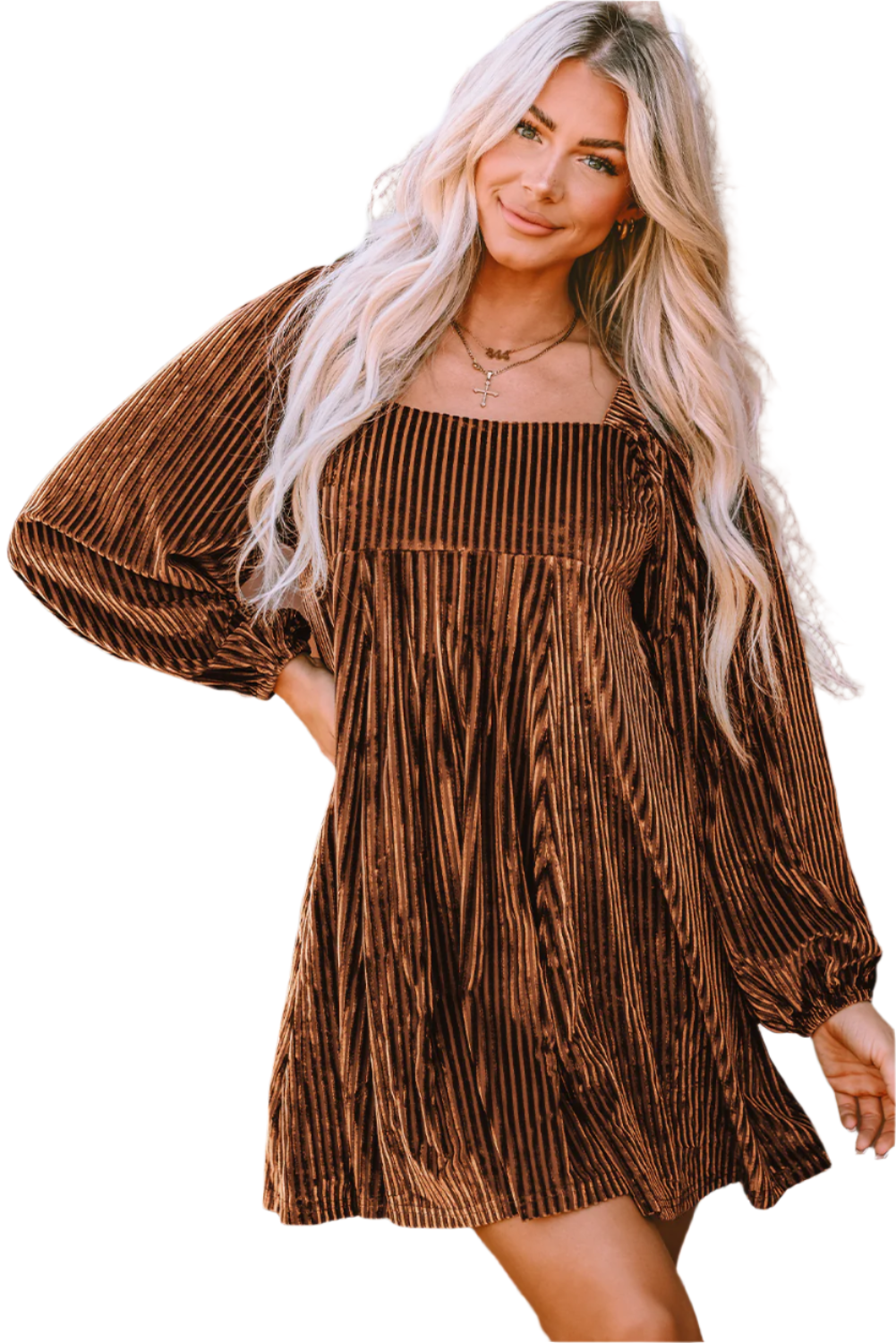 Robe babydoll en velours marron à col carré et lien dans le dos