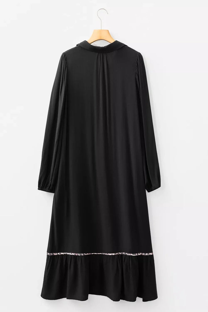 Collared V Neck Smocked Detail Contrast Leopard Trim Dress
