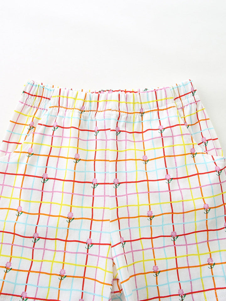 Children's Cartoon Graphic Ruffle Trim Tee & Plaid Shorts Set