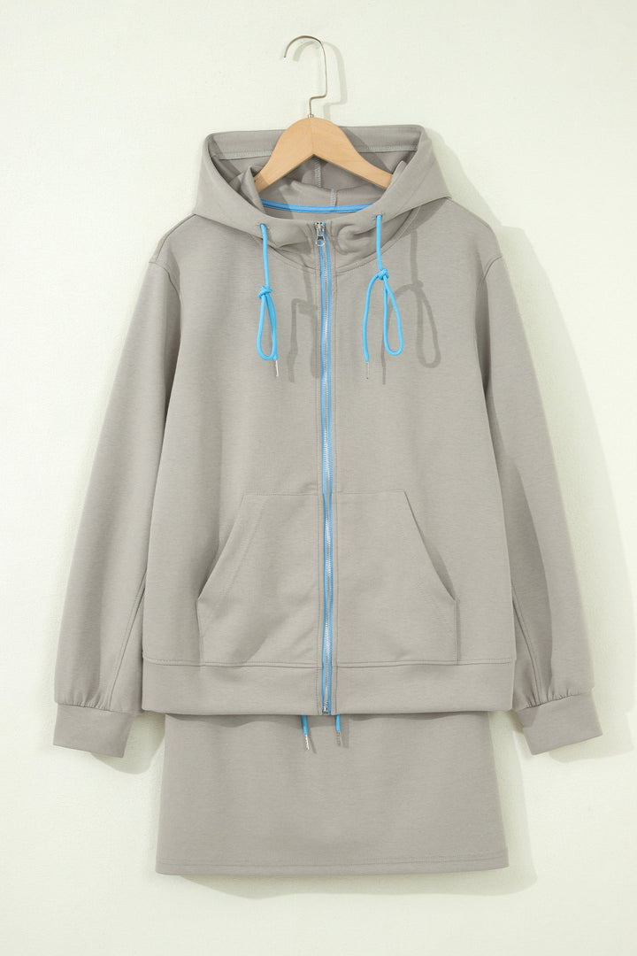 Smoke Green Contrast Trim Zip Up Sporty Jacket Drawstring Mini Skort 2pcs Set
