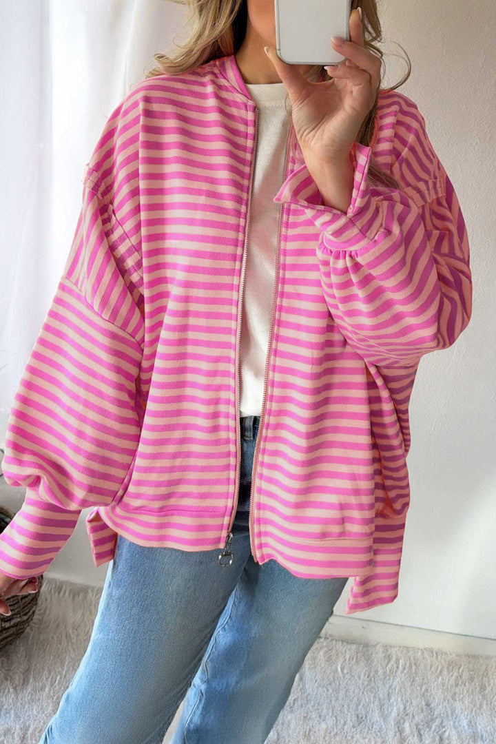 Pink Stripe Zip-up Puff Sleeve Zip Jacket Sweatshirt