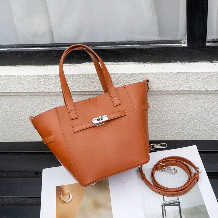 Custom Cross-Border Top-Grain Vegetable-Tanned Leather Basket Bag, Large-Capacity Commuter Elegant Women's Genuine Leather Handbag
