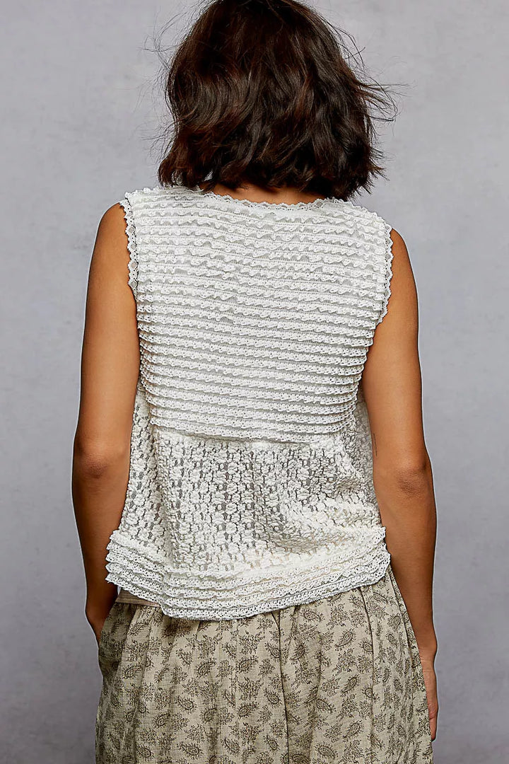 POL Textured Lace Cropped Tank with Trim Detail