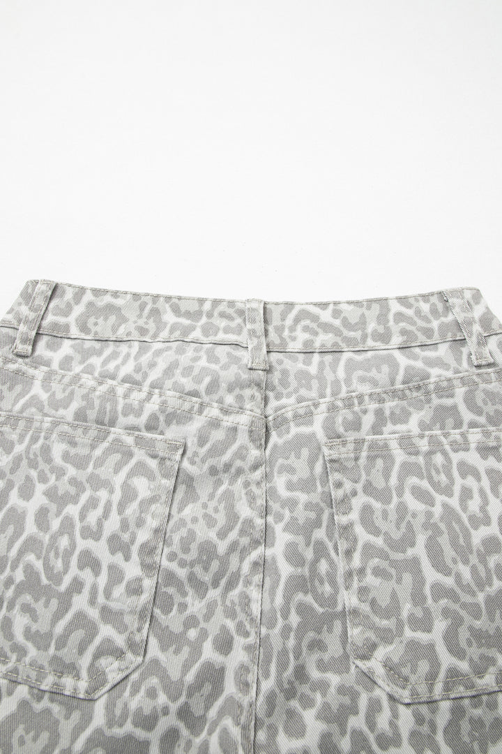 Gray Leopard Frayed Edge Wide Leg High Waist Jeans