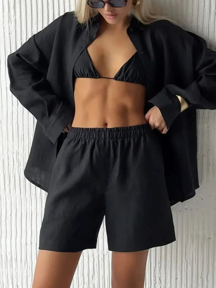 Button Up Long Sleeve Shirt and Shorts Set