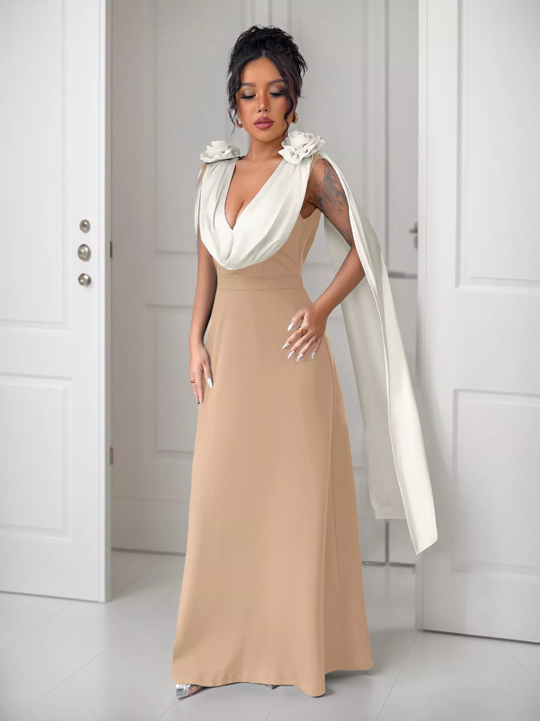 Floral Applique Two Tone Maxi Dress