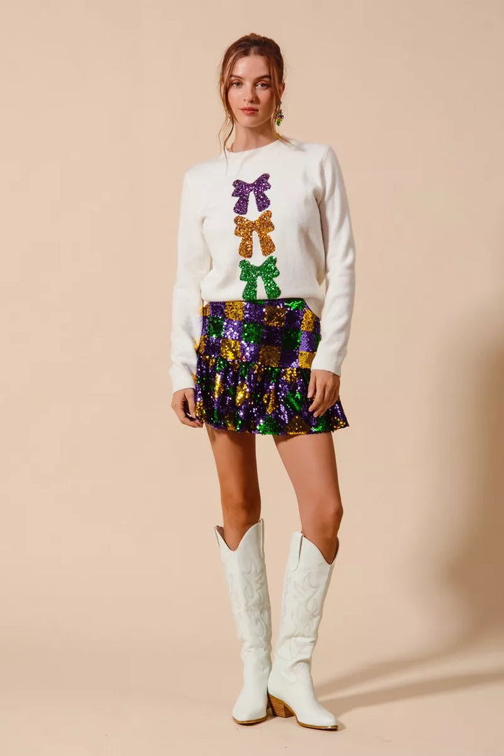 SO ME Mardi Gras Checker Sequins Mini Skirt