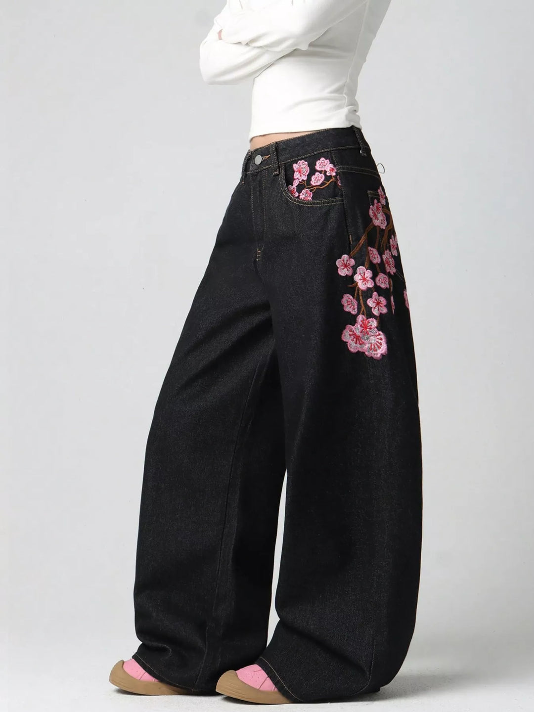 Embroidered Wide-Leg Jeans