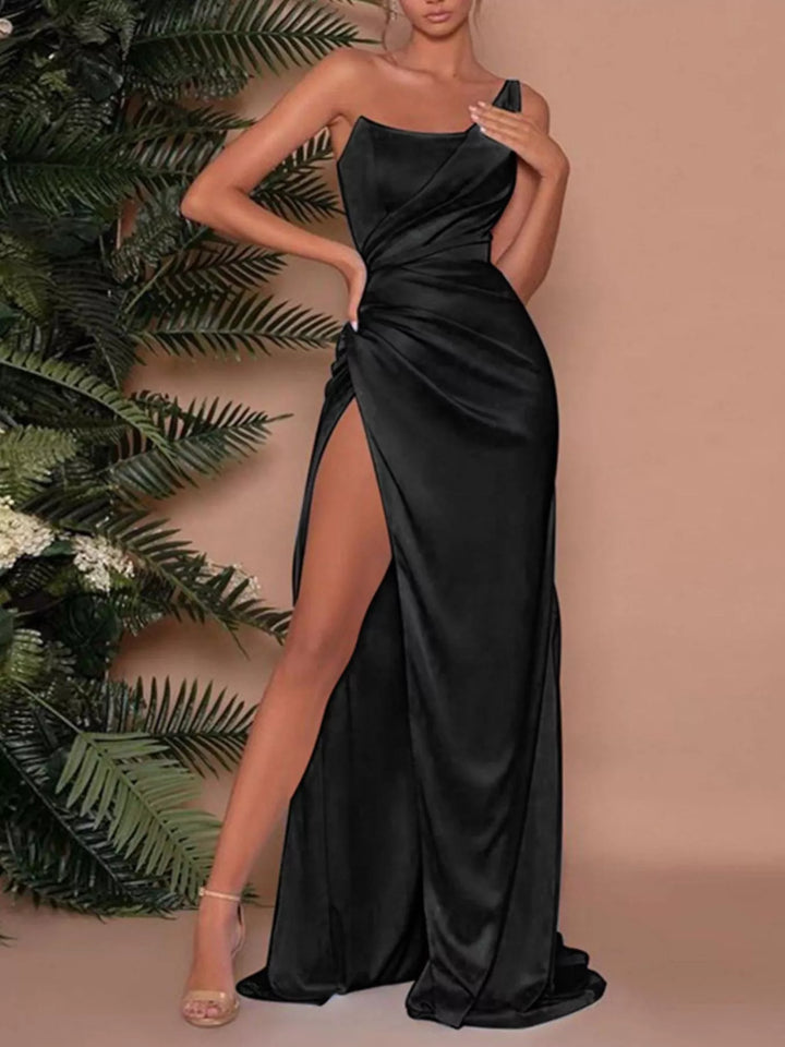 One-Shoulder Satin Maxi Dress with High Slit
