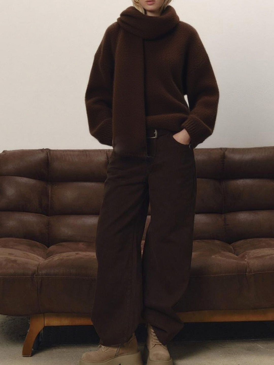 Oversized V-Neck Dropped Shoulder Sweater with Scarf