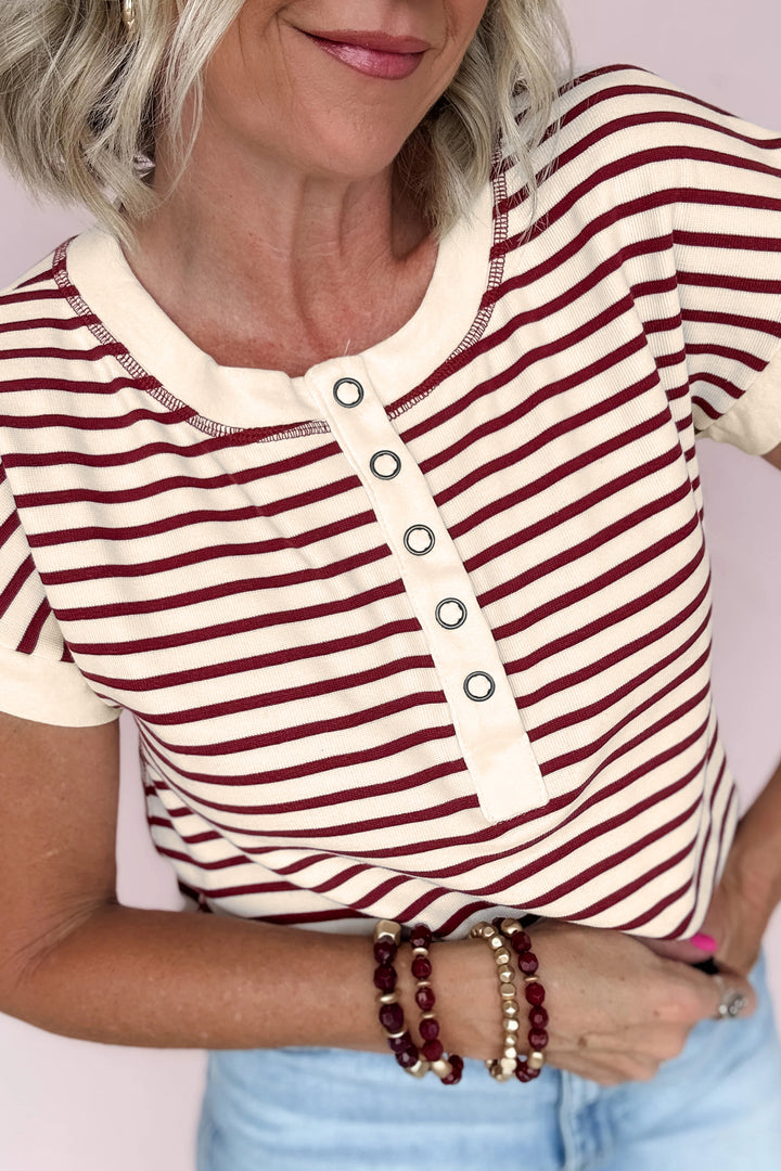 Red Stripe Half Buttons Round Neck T Shirt