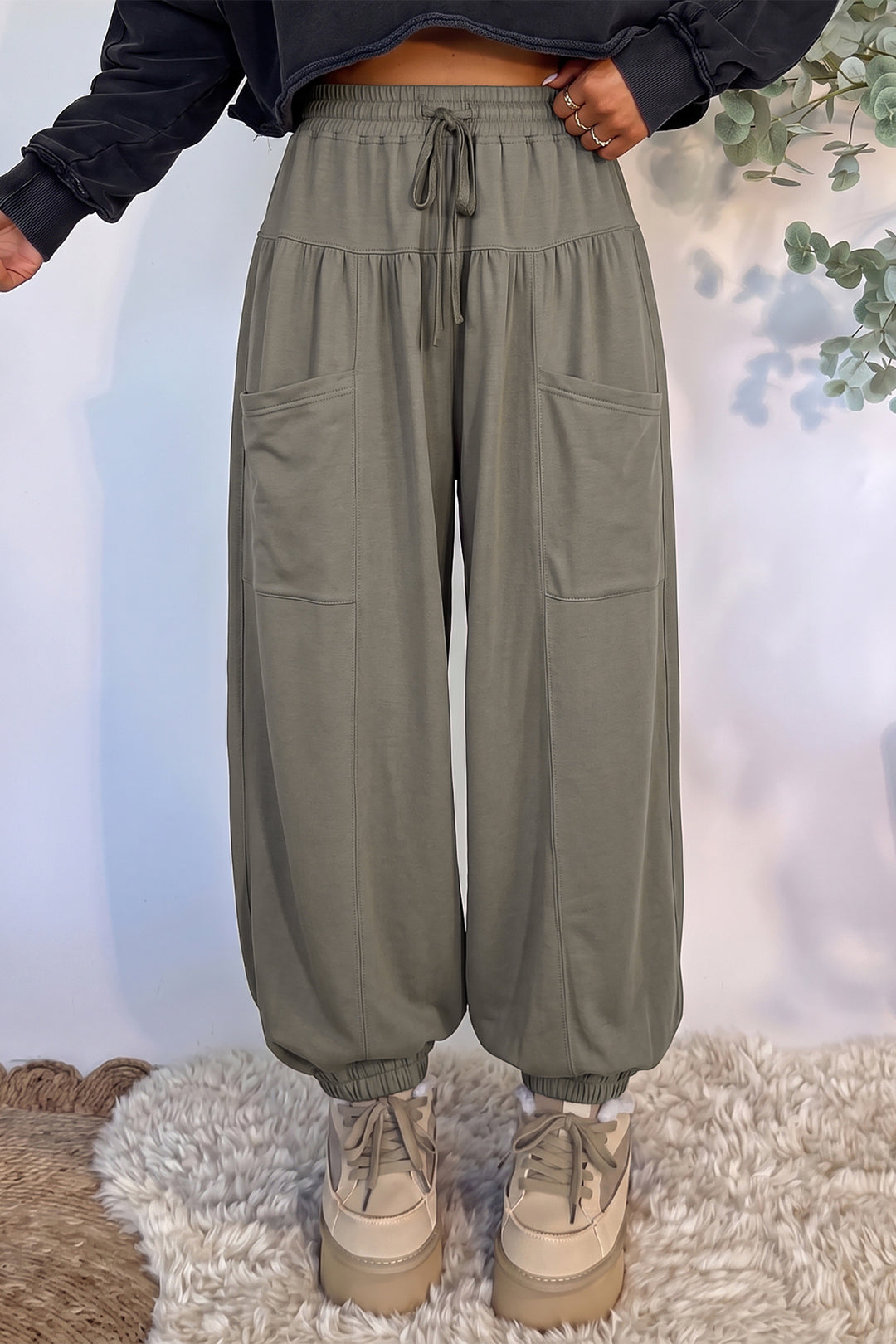 Seagrass Elastic Waist Drawstring Wide Leg Full Length Pants