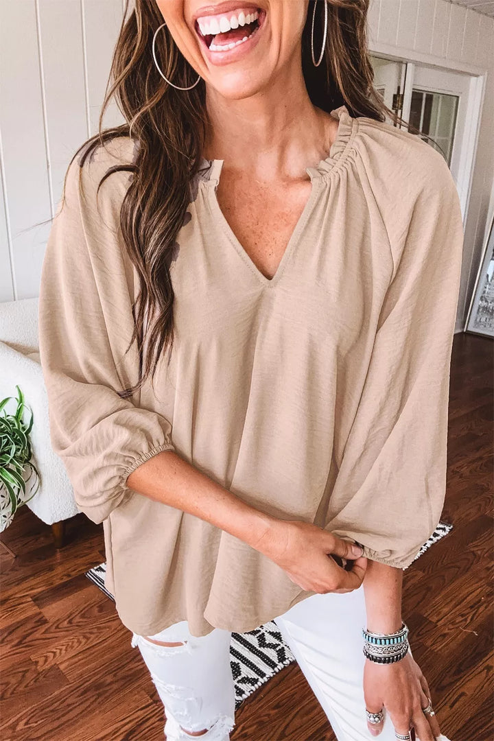V Neck Gathered Cuff Three Quarter Sleeve Blouse