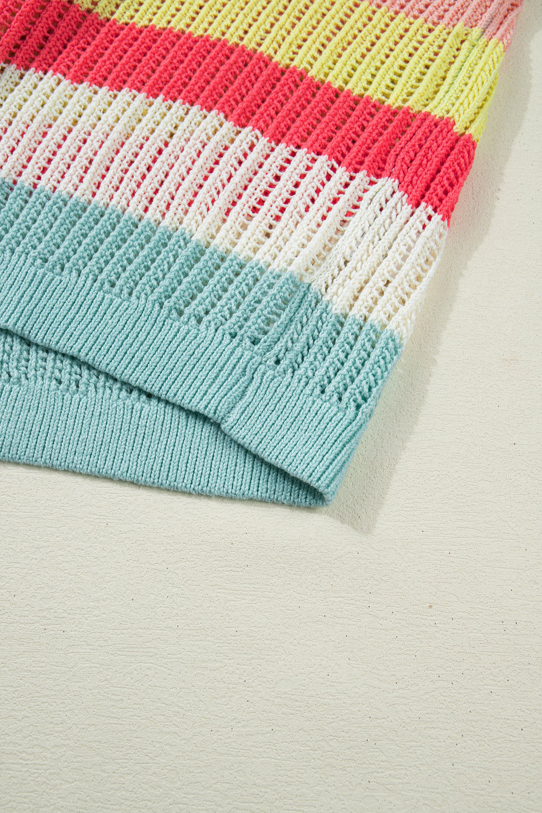 Green Stripe Color Block Hollow Out Knit Short Sleeve Sweater