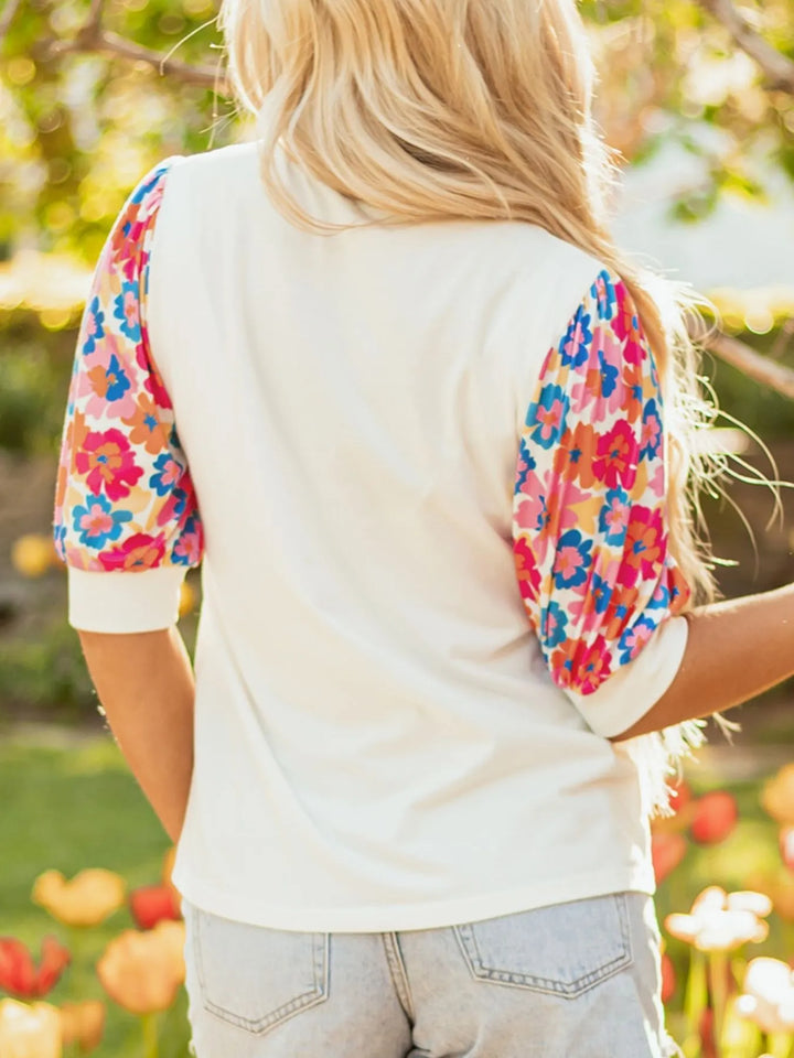 Floral Puff Sleeve Round Neck T-Shirt