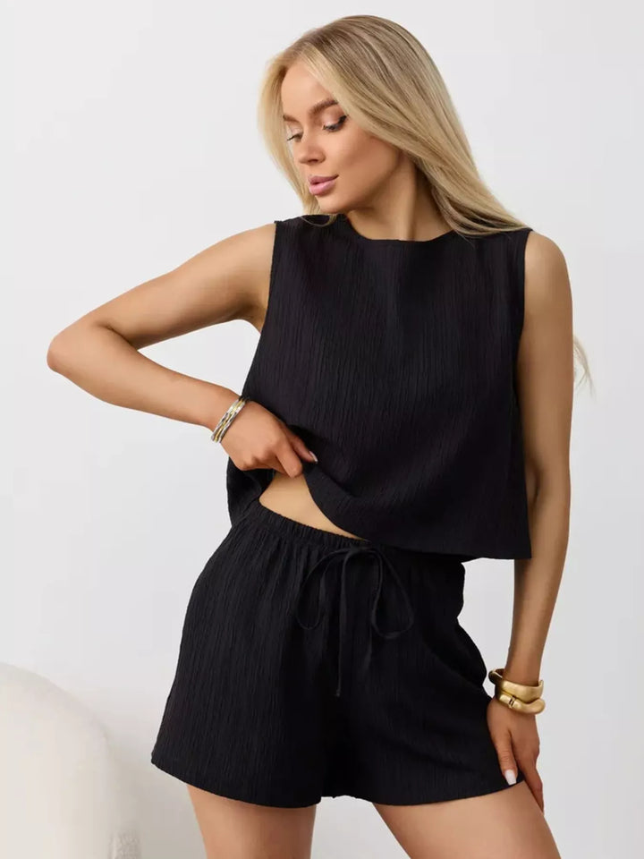 Textured Round Neck Tank and Shorts Set