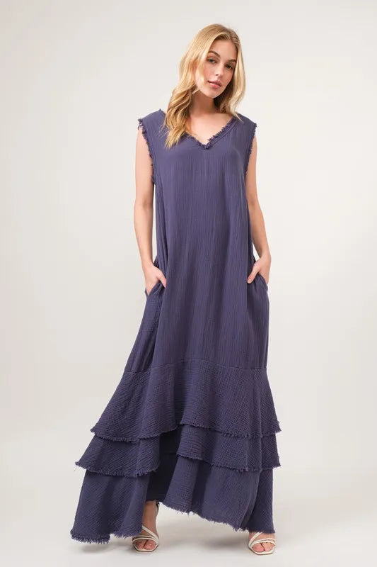 And The Why Washed Cotton Gauze Fringe Detail Tiered Dress