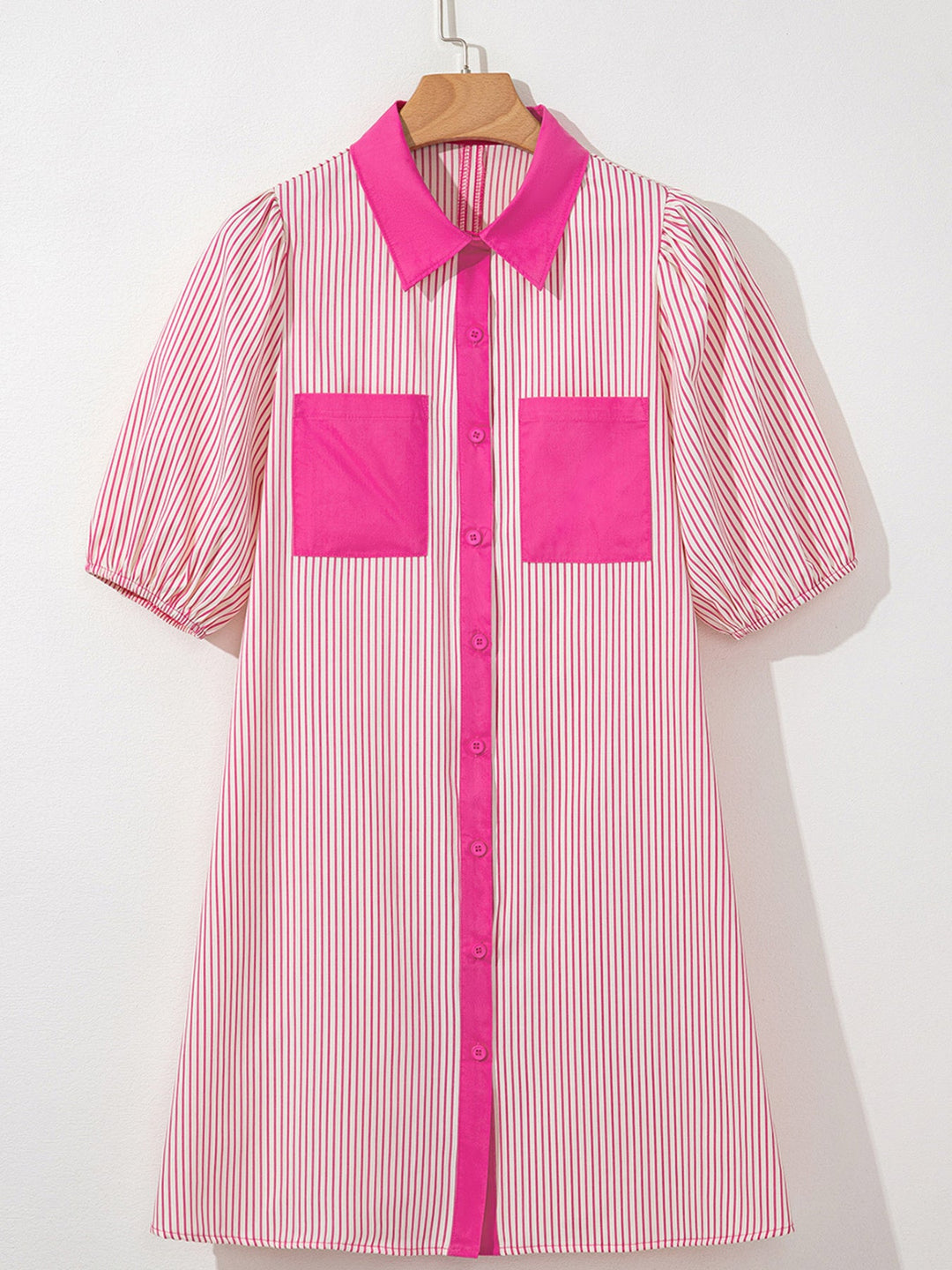 Stripe Color Block Patchwork Shirt Collar Button Down Puff Sleeve Mini Dress