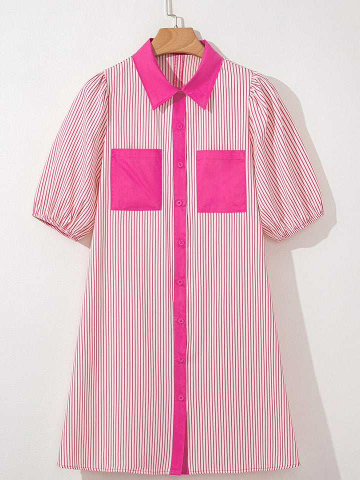 Stripe Color Block Patchwork Shirt Collar Button Down Puff Sleeve Mini Dress