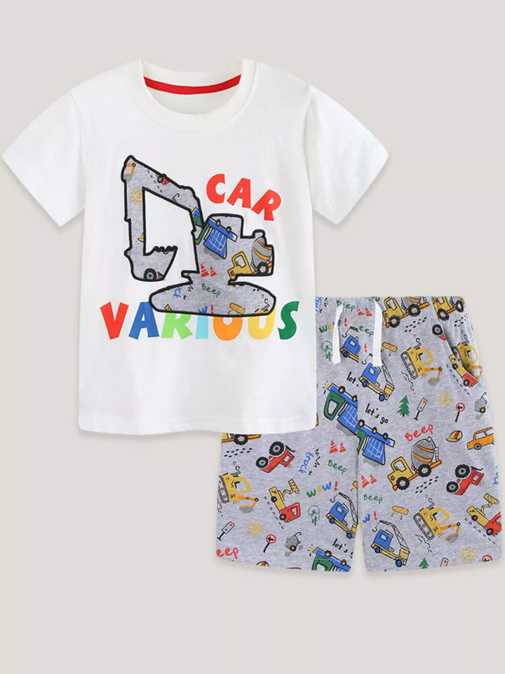 Children's Cartoon Car Print Short Sleeve Tee and Shorts Set