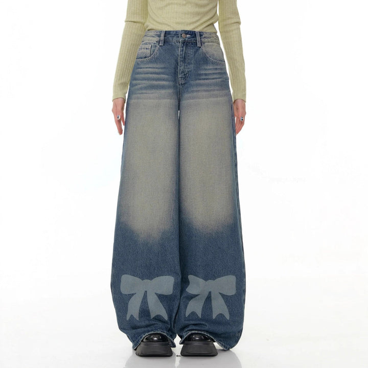 Retro Wide-leg Bow-tie Printed Washed Denim Jeans