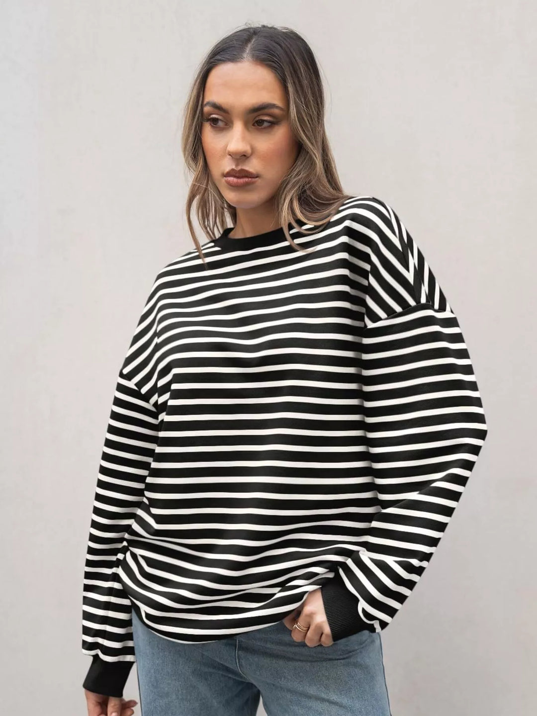 Striped Round Neck Oversized Casual Sweatshirt