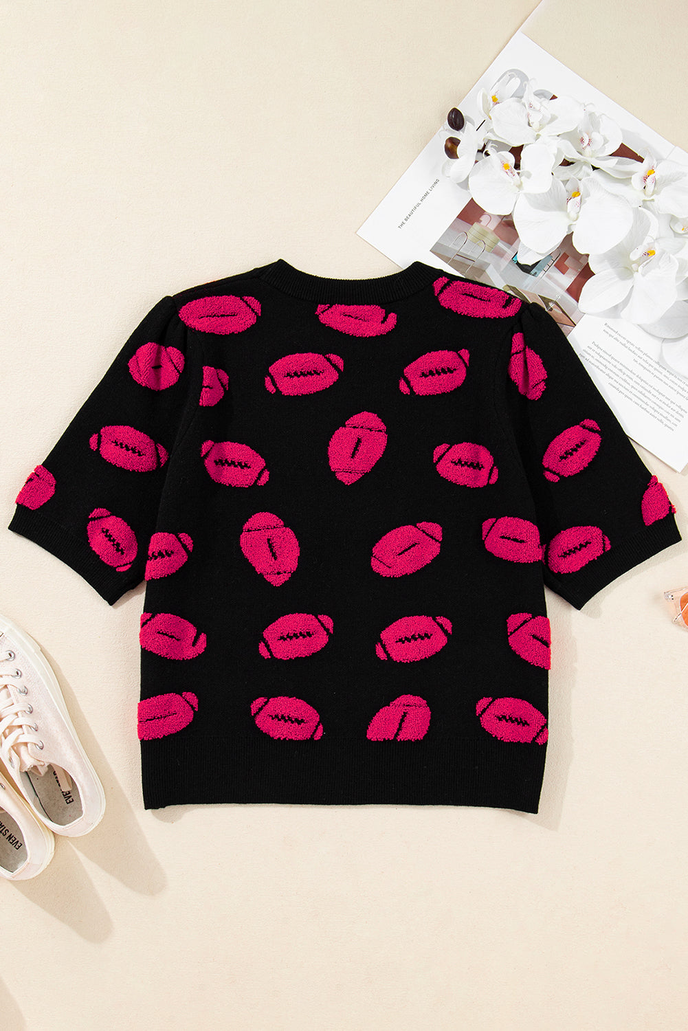 Black Rugby Print Casual Knit Short Sleeve Sweater