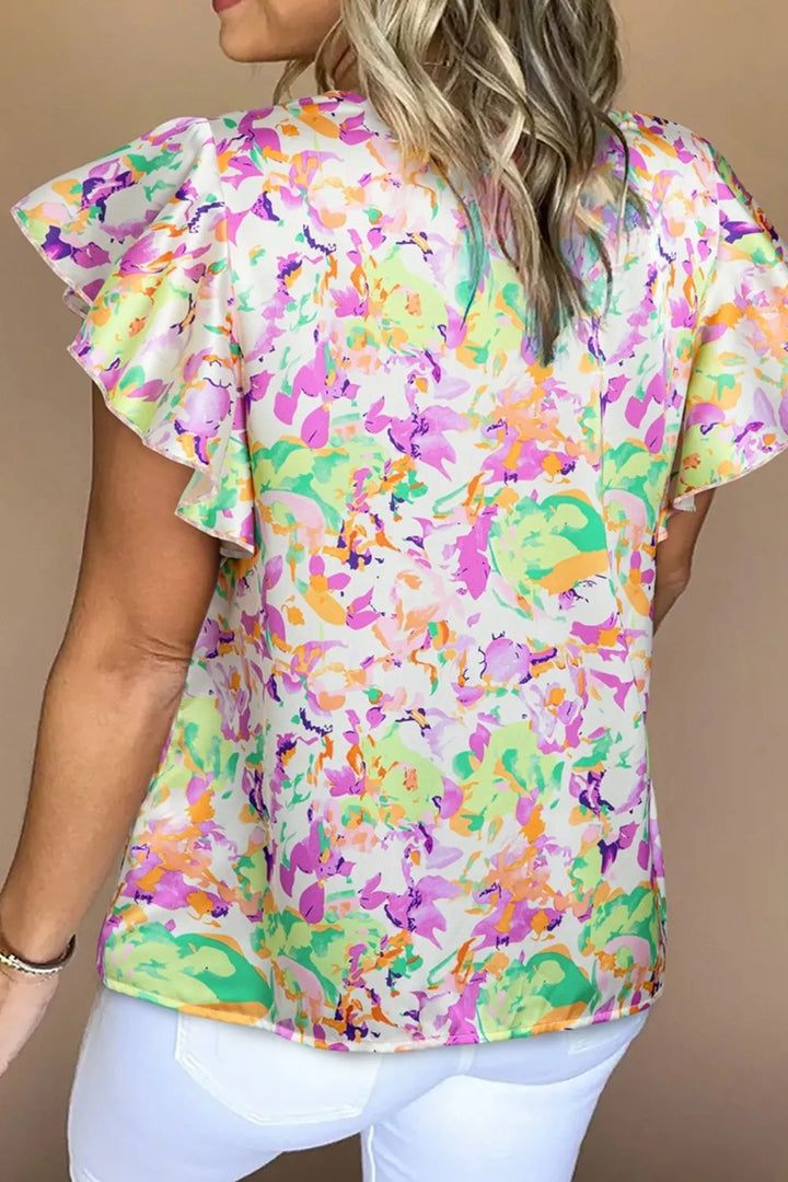 Abstract Printed Ruffled Short Sleeve Notched Neck Blouse