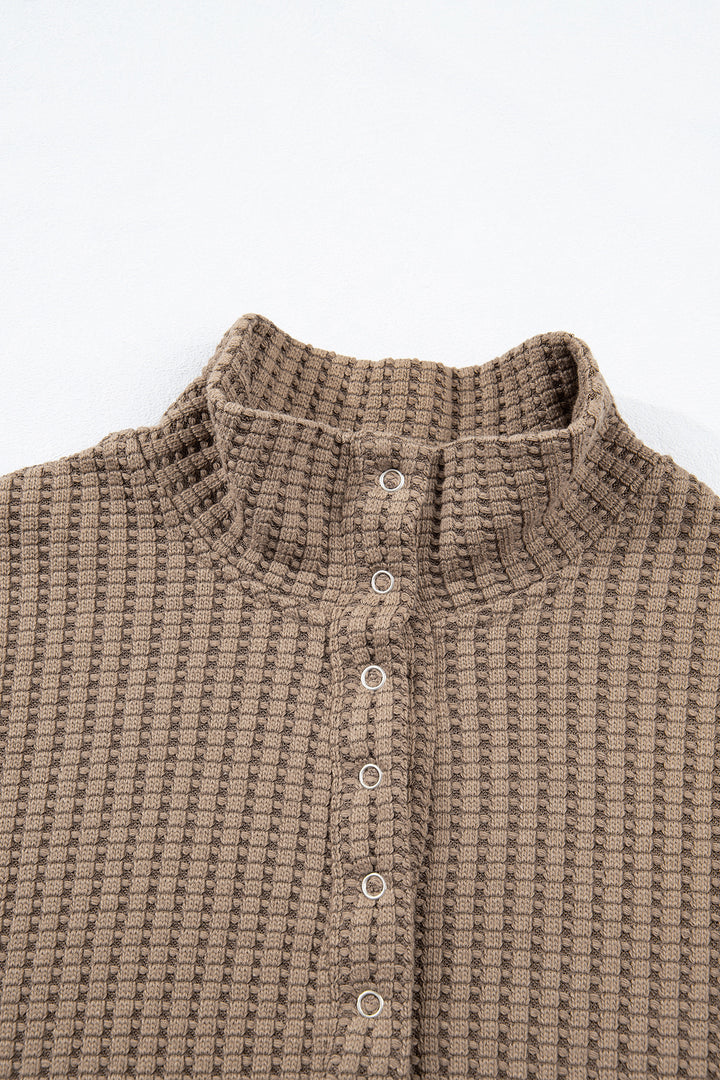 Casual Solid Color Textured Snap Button Collared Baggy Top