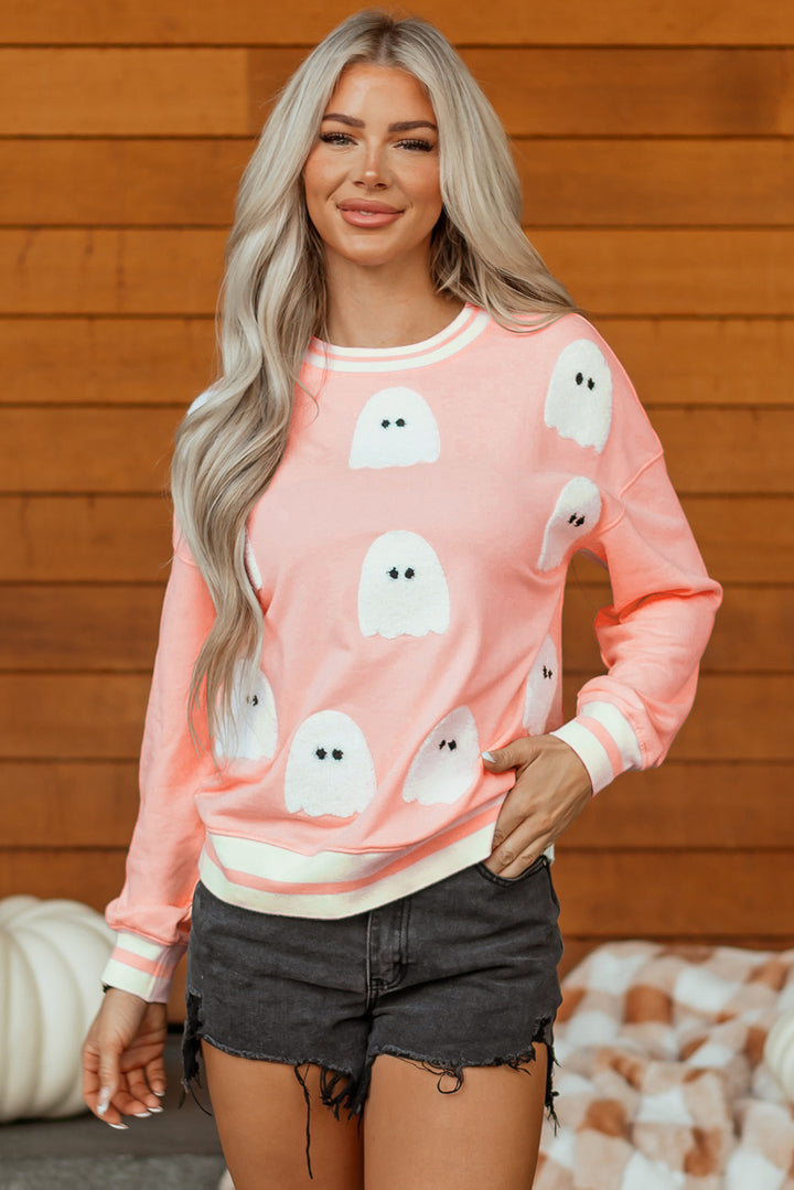 Gossamer Pink Halloween Terry Ghost Striped Trim Loose Sweatshirt
