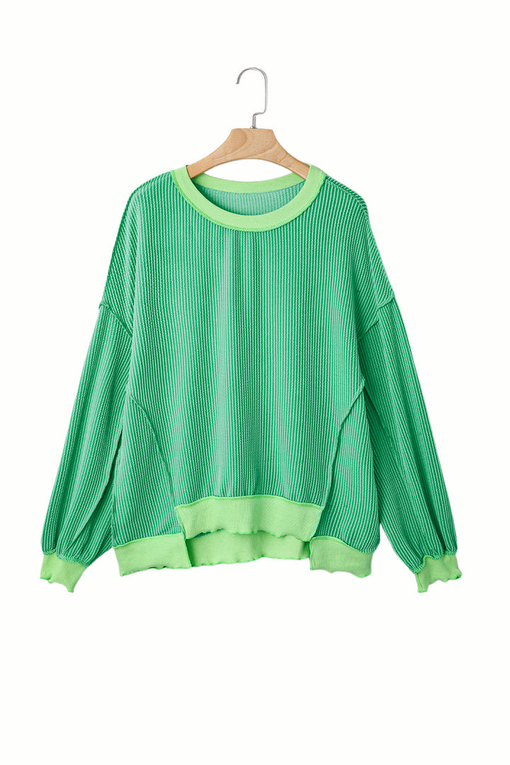 Bright Green Twisted Rib Uneven Hem Drop Shoulder Loose Knit Top
