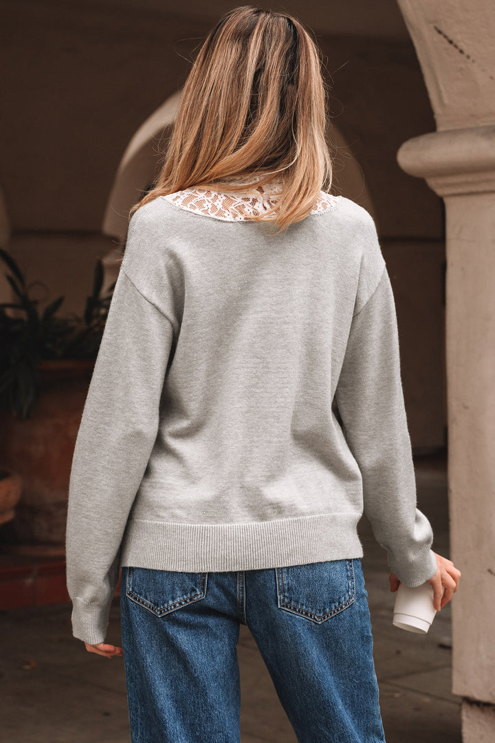 Light Grey Button Keyhole Lace Patchwork Drop Shoulder Sweater