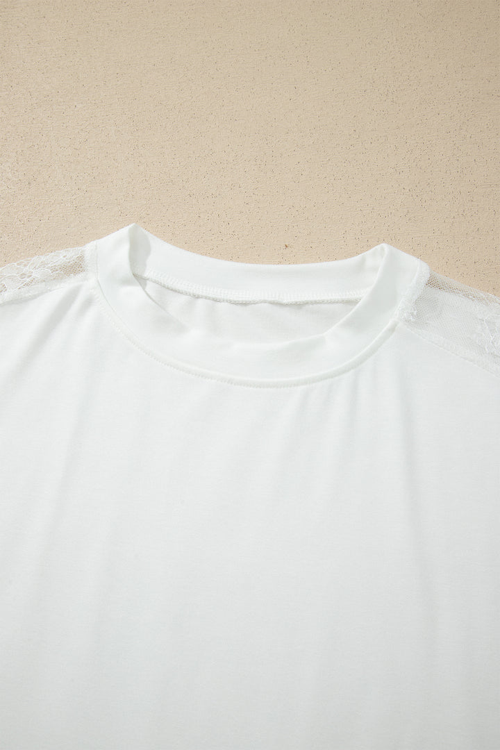 White Lace Patchwork Round Neck Casual Long Sleeve Top