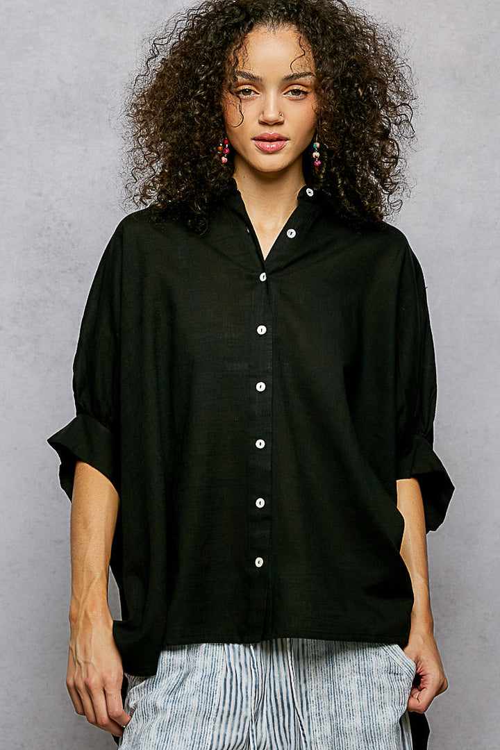 POL Button Down Half Dolman Sleeve Shirt