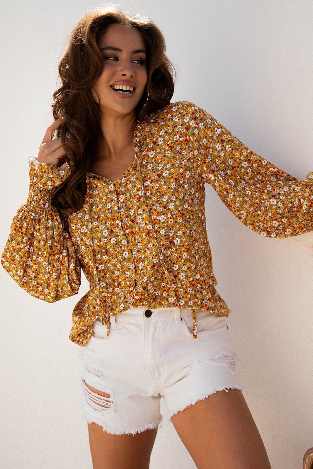 Orange Boho Floral Ruffled Bubble Sleeve V Neck Fall Blouse